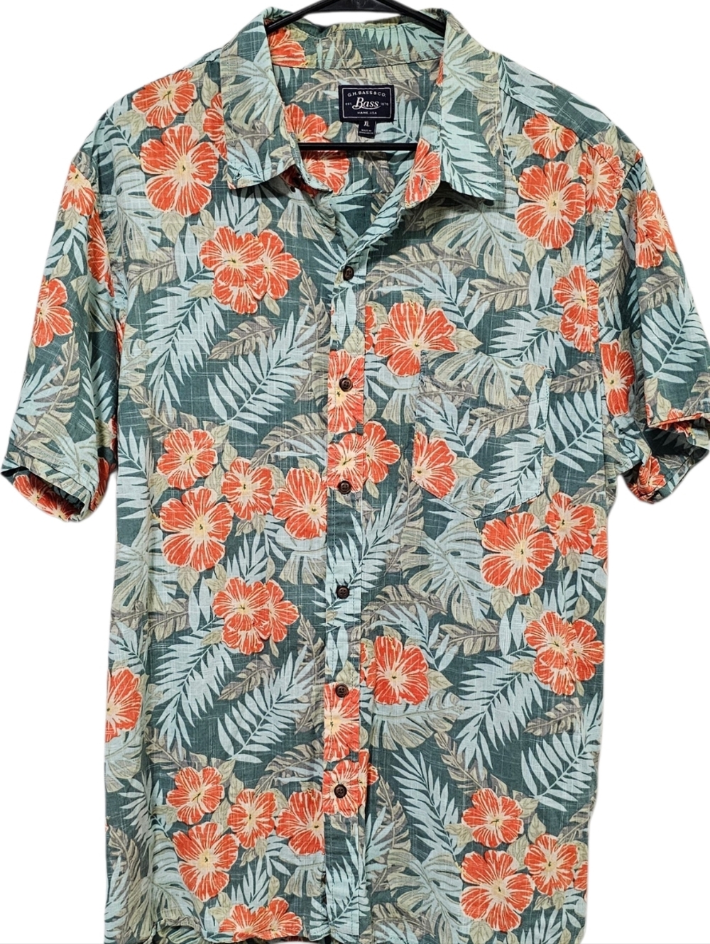 GH Bass & Co Men's Hawaiian Print Short Sleeve 100% Cotton Button Down Size XL